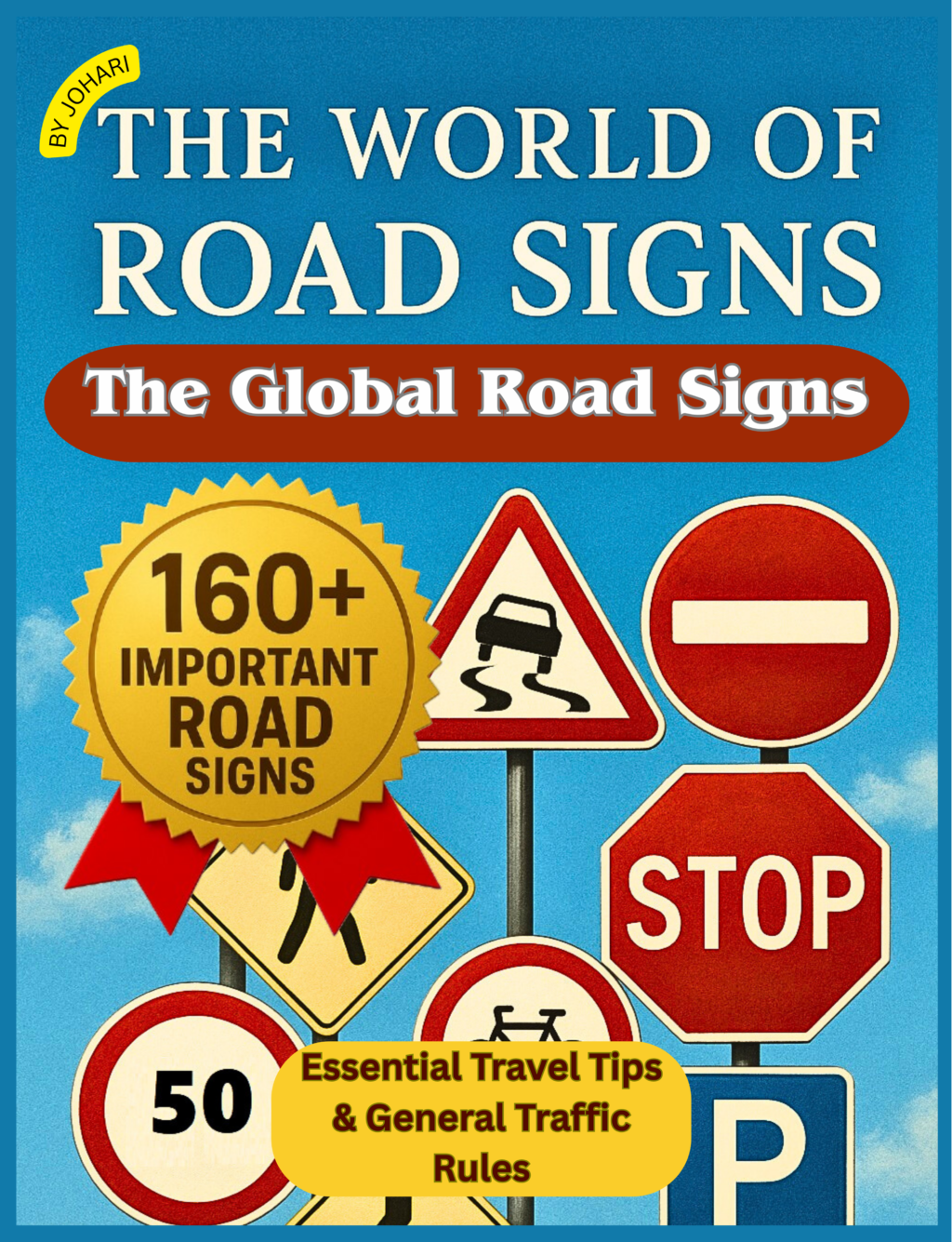The World of Road Signs book cover showing global traffic signs including stop sign, no entry sign, speed limit sign, and warning signs with 160+ important road signs and essential travel tips.