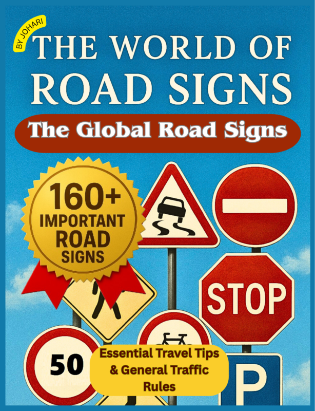 The World of Road Signs book cover showing global traffic signs including stop sign, no entry sign, speed limit sign, and warning signs with 160+ important road signs and essential travel tips.